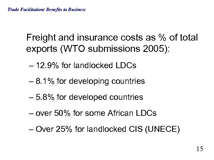 Trade Facilitation: Benefits to Business Freight and insurance costs as % of total exports