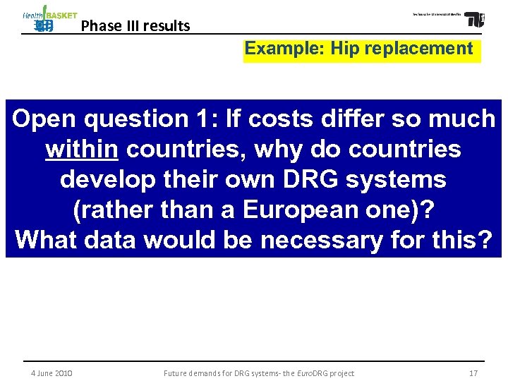 Phase III results Example: Hip replacement “Profit“-making plausible through comparatively low case complexity Open
