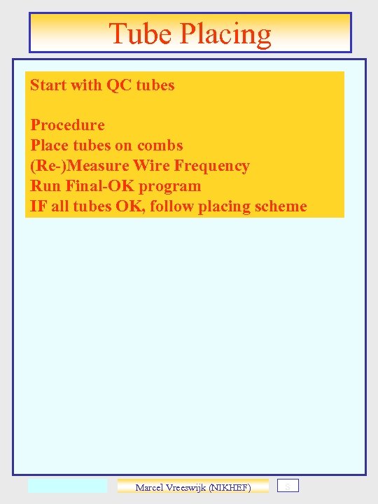 Tube Placing Start with QC tubes Procedure Place tubes on combs (Re-)Measure Wire Frequency