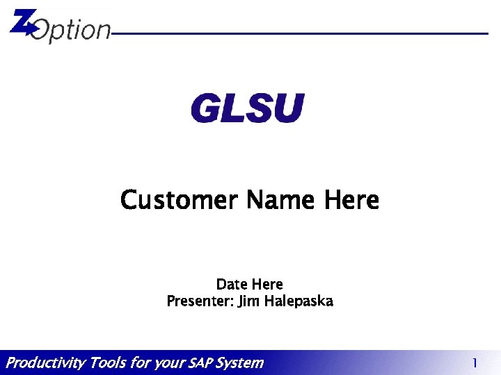 Customer Name Here Date Here Presenter: Jim Halepaska Productivity Tools for your SAP System