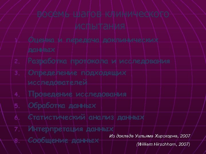 восемь шагов клинического испытания 1. Оценка и передача доклинических данных 2. Разработка протокола и