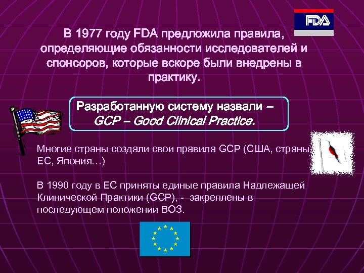 В 1977 году FDA предложила правила, определяющие обязанности исследователей и спонсоров, которые вскоре были
