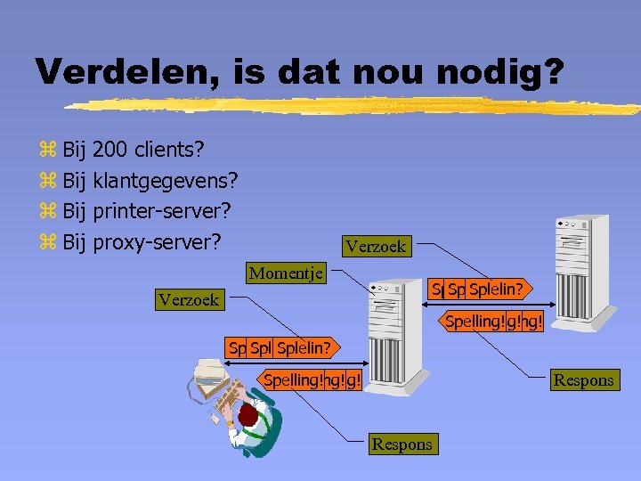 Verdelen, is dat nou nodig? z Bij 200 clients? klantgegevens? printer-server? proxy-server? Verzoek Momentje