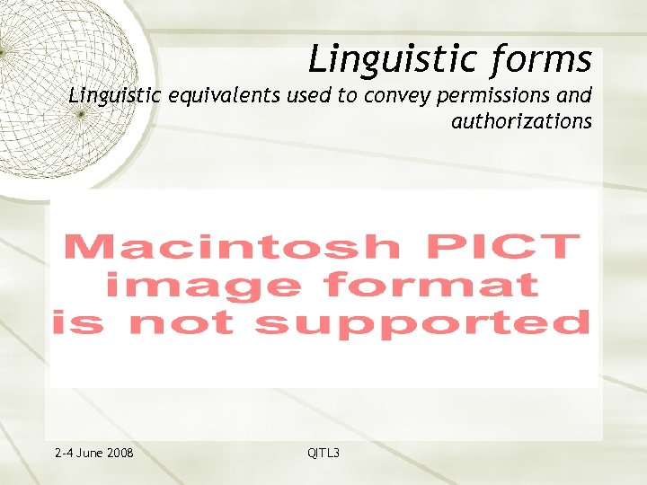 Linguistic forms Linguistic equivalents used to convey permissions and authorizations 2 -4 June 2008