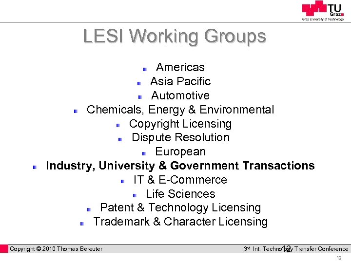 LESI Working Groups Americas Asia Pacific Automotive Chemicals, Energy & Environmental Copyright Licensing Dispute