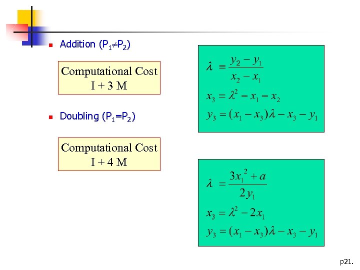 n Addition (P 1 P 2) Computational Cost I+3 M n Doubling (P 1=P