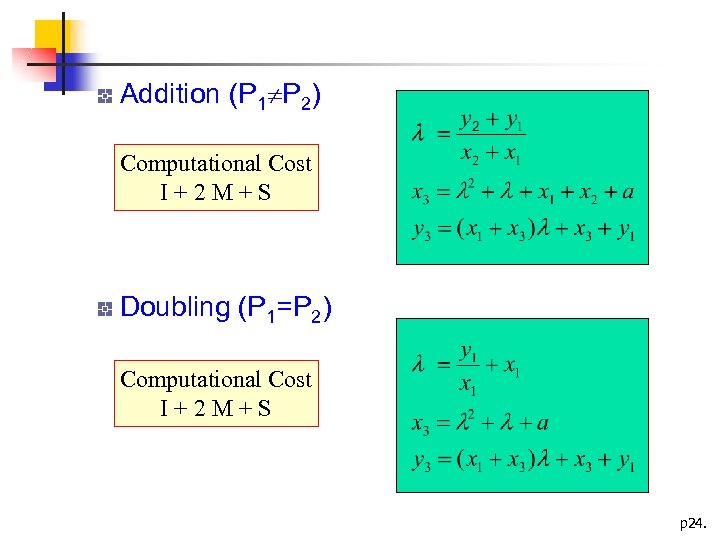 Addition (P 1 P 2) Computational Cost I+2 M+S Doubling (P 1=P 2) Computational
