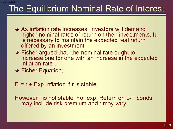 The Equilibrium Nominal Rate of Interest As inflation rate increases, investors will demand higher