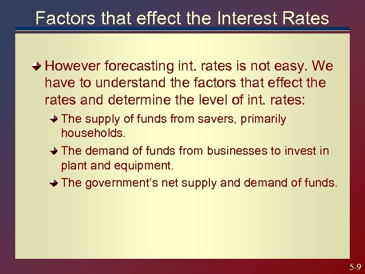 Factors that effect the Interest Rates However forecasting int. rates is not easy. We