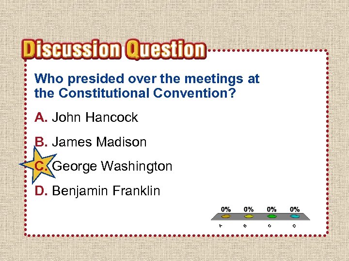 Who presided over the meetings at the Constitutional Convention? A. John Hancock B. James