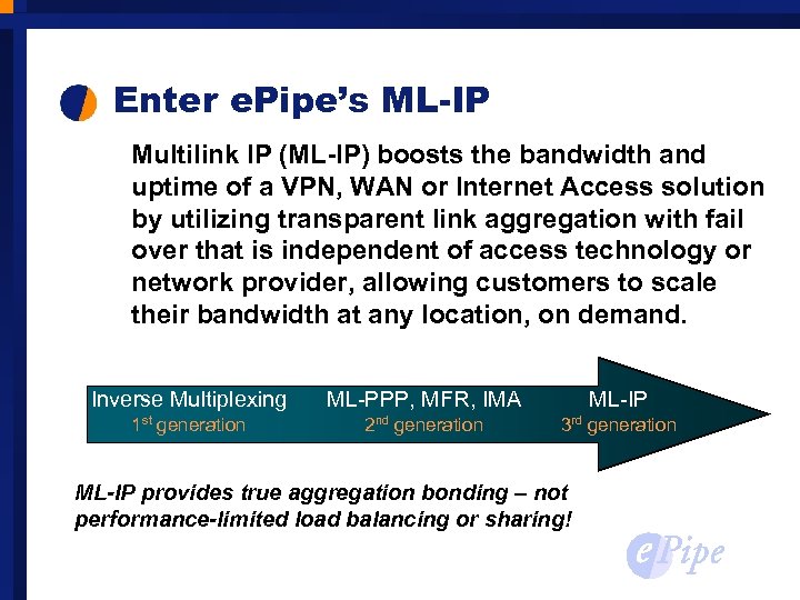 Enter e. Pipe’s ML-IP Multilink IP (ML-IP) boosts the bandwidth and uptime of a