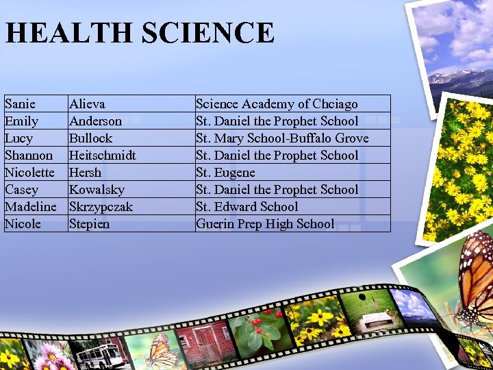 HEALTH SCIENCE Sanie Emily Lucy Shannon Nicolette Casey Madeline Nicole Alieva Anderson Bullock Heitschmidt