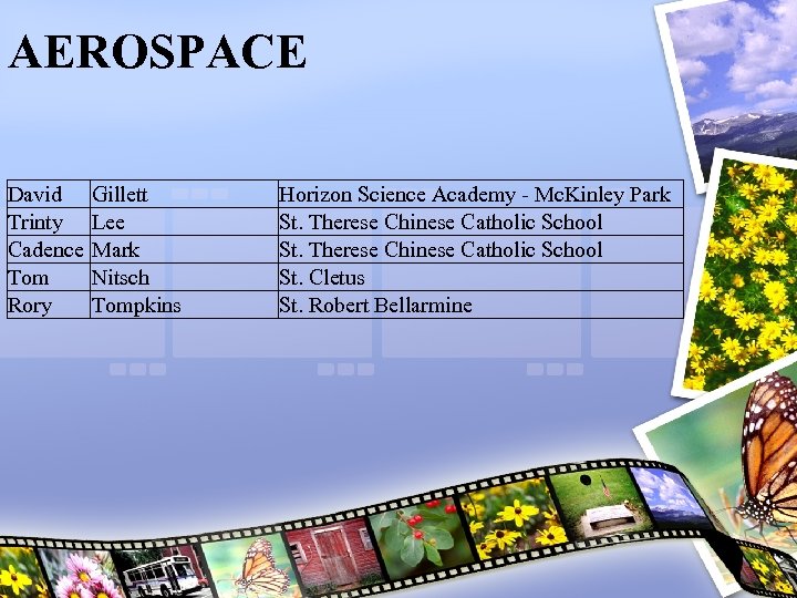 AEROSPACE David Trinty Cadence Tom Rory Gillett Lee Mark Nitsch Tompkins Horizon Science Academy