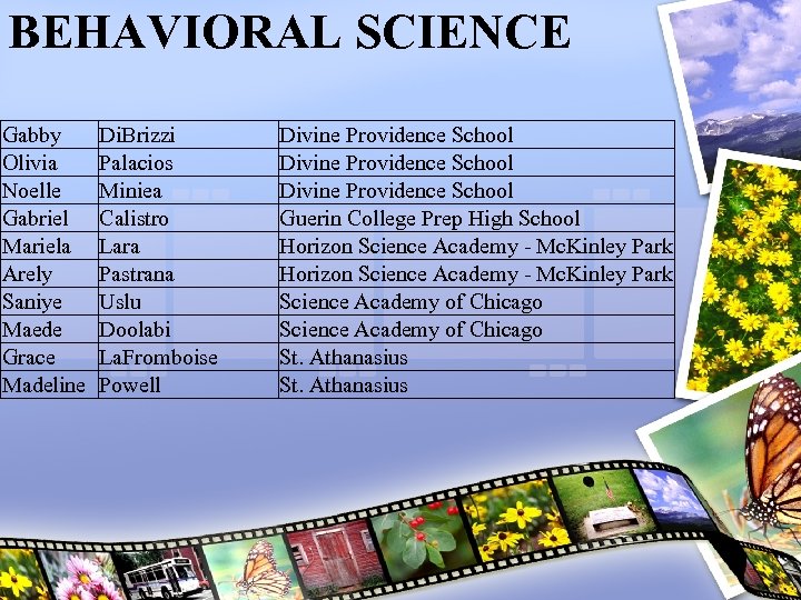 BEHAVIORAL SCIENCE Gabby Olivia Noelle Gabriel Mariela Arely Saniye Maede Grace Madeline Di. Brizzi