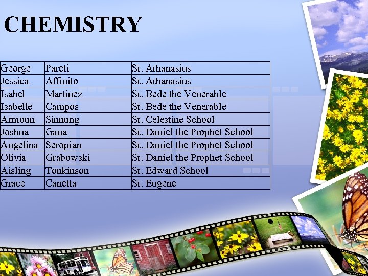 CHEMISTRY George Jessica Isabelle Armoun Joshua Angelina Olivia Aisling Grace Pareti Affinito Martinez Campos