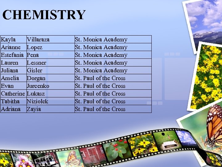 CHEMISTRY Kayla Arianne Estefania Lauren Juliana Amelia Evan Catherine Tabitha Adriana Villaraza Lopez Pena