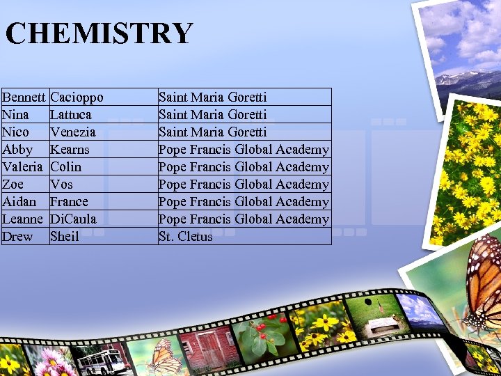 CHEMISTRY Bennett Nina Nico Abby Valeria Zoe Aidan Leanne Drew Cacioppo Lattuca Venezia Kearns
