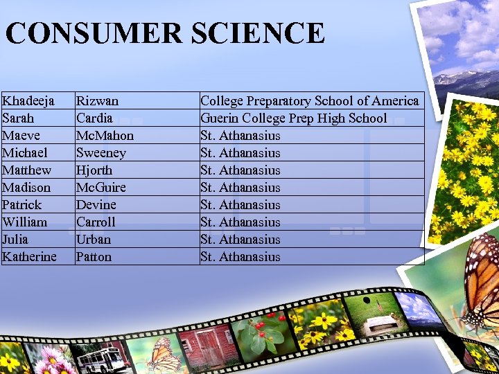 CONSUMER SCIENCE Khadeeja Sarah Maeve Michael Matthew Madison Patrick William Julia Katherine Rizwan Cardia