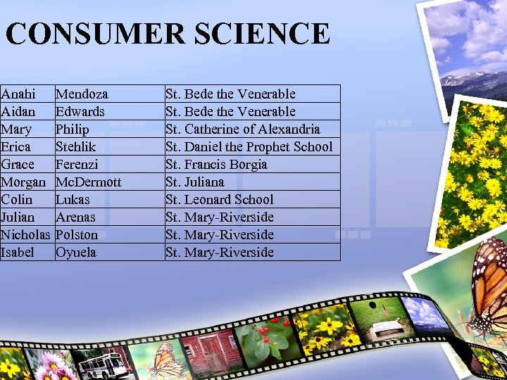 CONSUMER SCIENCE Anahi Aidan Mary Erica Grace Morgan Colin Julian Nicholas Isabel Mendoza Edwards