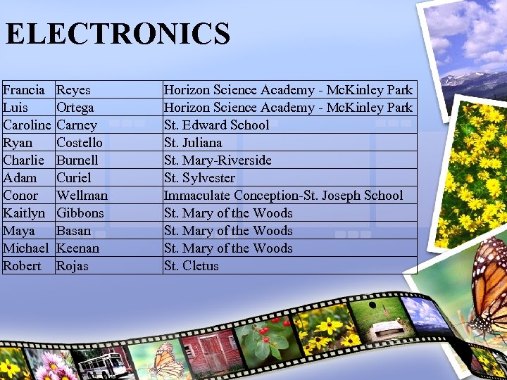ELECTRONICS Francia Luis Caroline Ryan Charlie Adam Conor Kaitlyn Maya Michael Robert Reyes Ortega