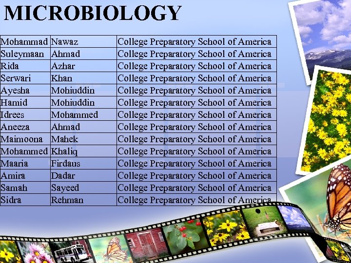 MICROBIOLOGY Mohammad Suleymaan Rida Serwari Ayesha Hamid Idrees Aneeza Maimoona Mohammed Maaria Amira Samah