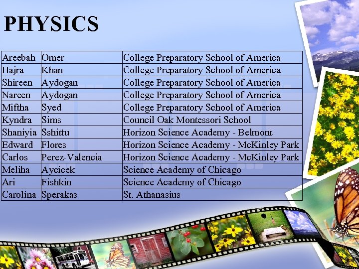PHYSICS Areebah Hajra Shireen Nareen Miftha Kyndra Shaniyia Edward Carlos Meliha Ari Carolina Omer