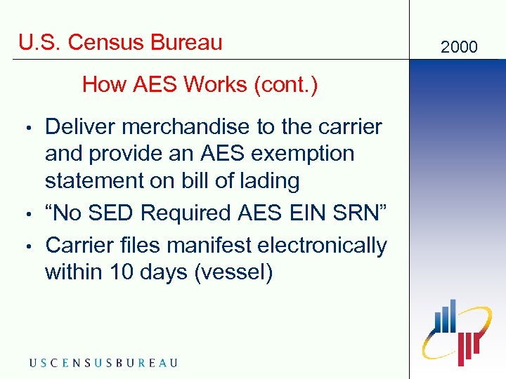 U. S. Census Bureau How AES Works (cont. ) • • • Deliver merchandise