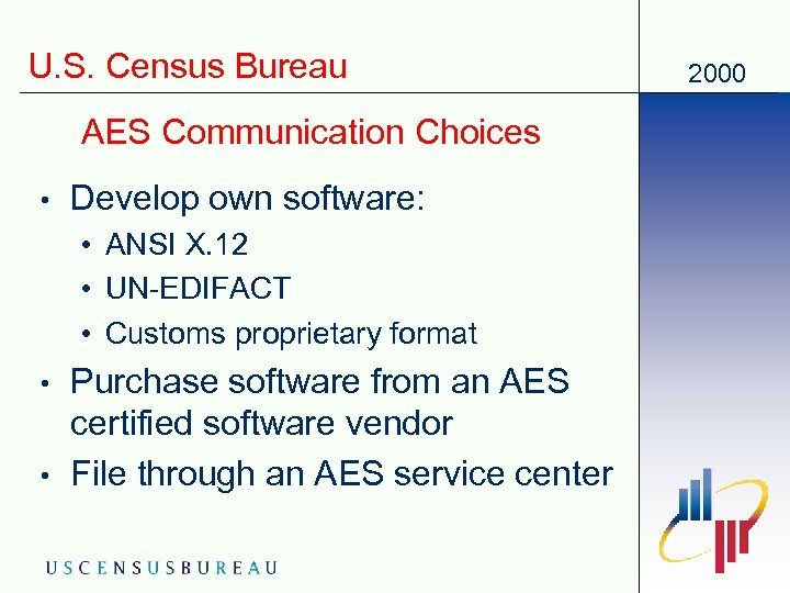 U. S. Census Bureau AES Communication Choices • Develop own software: • ANSI X.