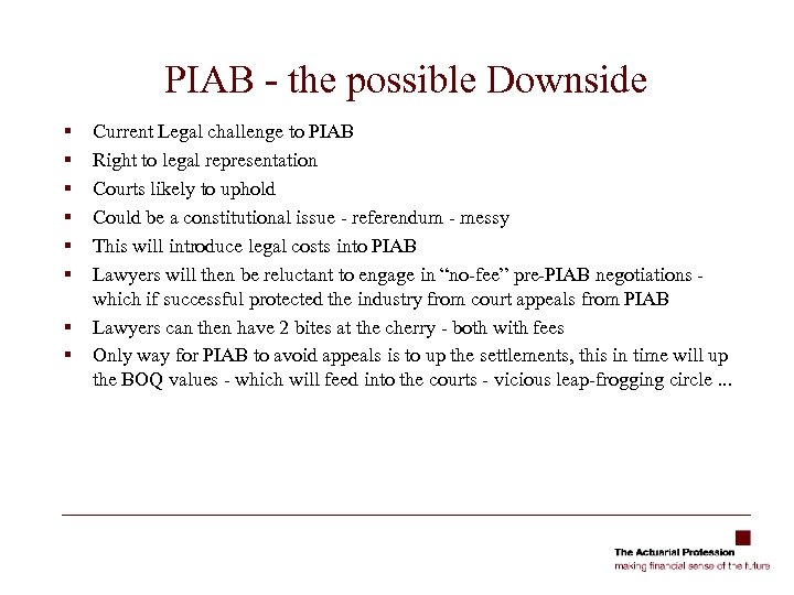 PIAB - the possible Downside § § § § Current Legal challenge to PIAB