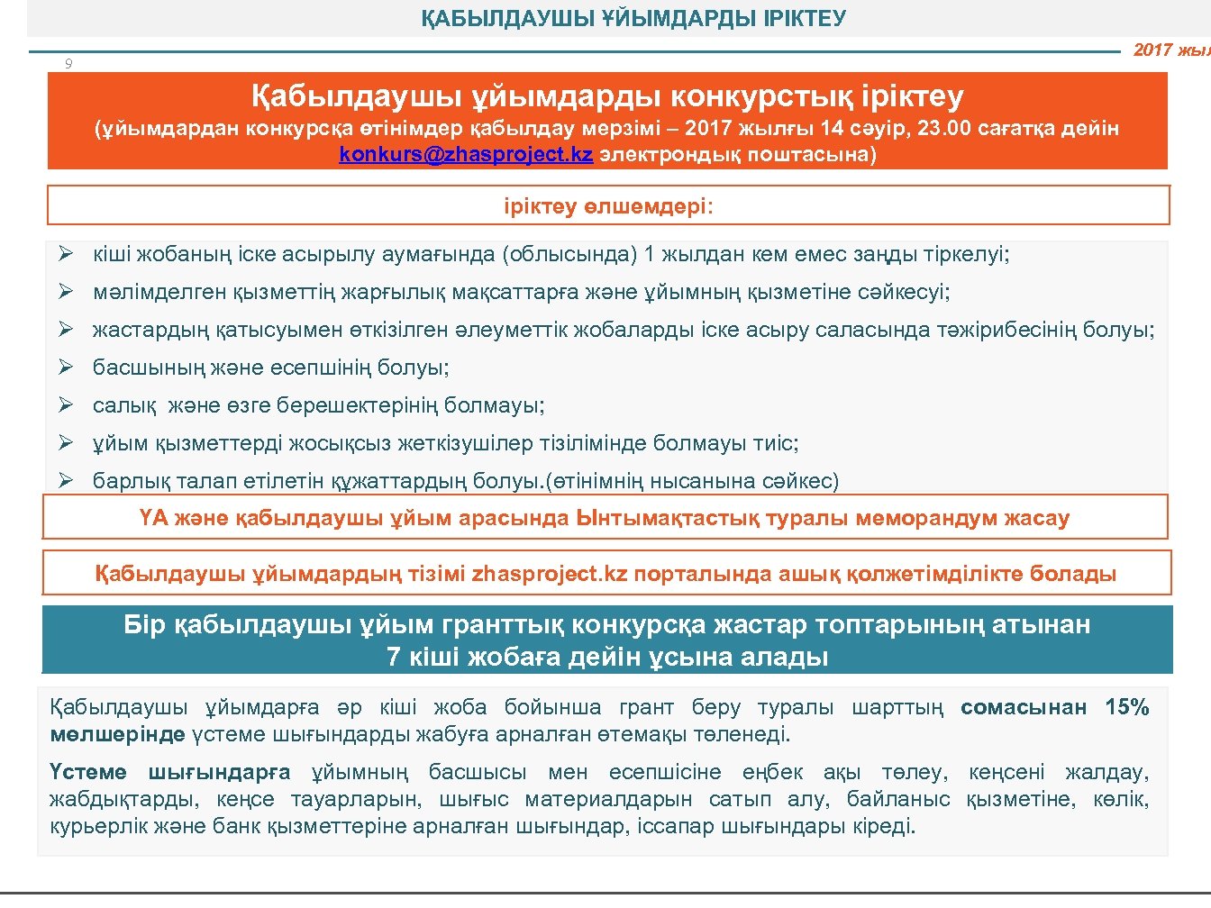 ҚАБЫЛДАУШЫ ҰЙЫМДАРДЫ ІРІКТЕУ 2017 жыл 9 Қабылдаушы ұйымдарды конкурстық іріктеу (ұйымдардан конкурсқа өтінімдер қабылдау