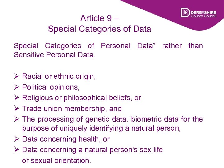 Article 9 – Special Categories of Data Special Categories of Personal Data” rather than