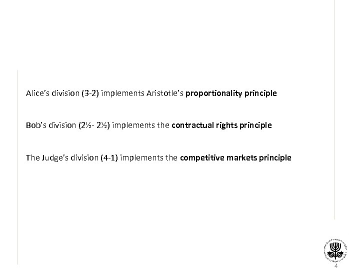 Alice’s division (3 -2) implements Aristotle’s proportionality principle Bob’s division (2½- 2½) implements the