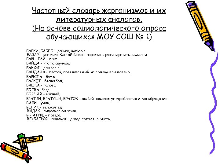 Частотный словарь жаргонизмов и их литературных аналогов. (На основе социологического опроса обучающихся МОУ СОШ