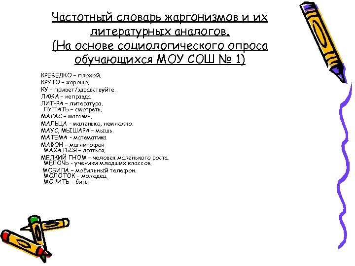 Частотный словарь жаргонизмов и их литературных аналогов. (На основе социологического опроса обучающихся МОУ СОШ