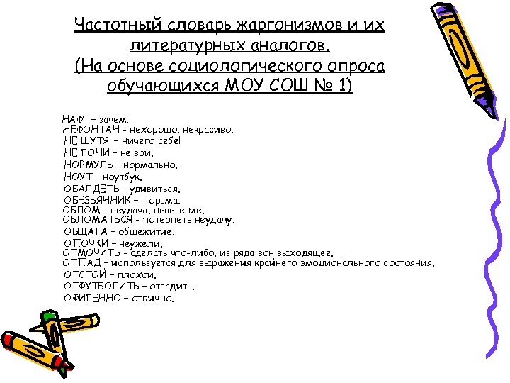 Частотный словарь жаргонизмов и их литературных аналогов. (На основе социологического опроса обучающихся МОУ СОШ