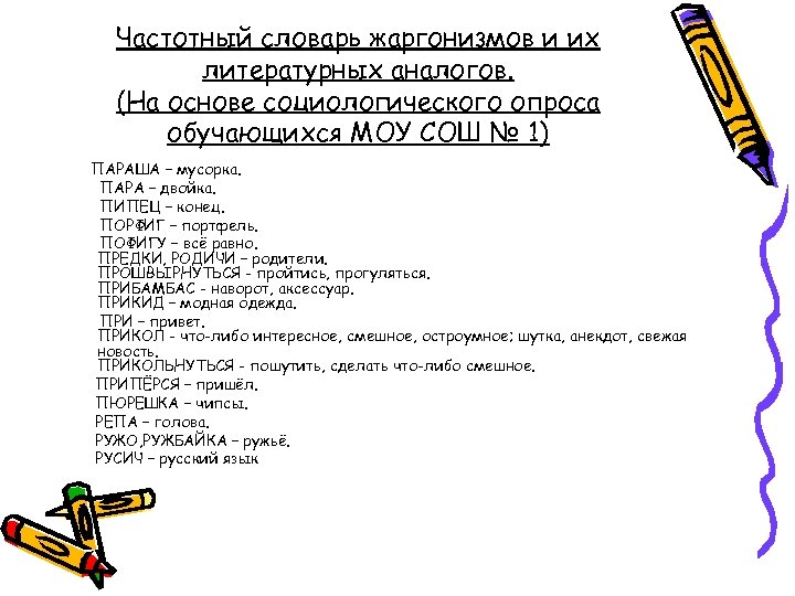 Частотный словарь жаргонизмов и их литературных аналогов. (На основе социологического опроса обучающихся МОУ СОШ