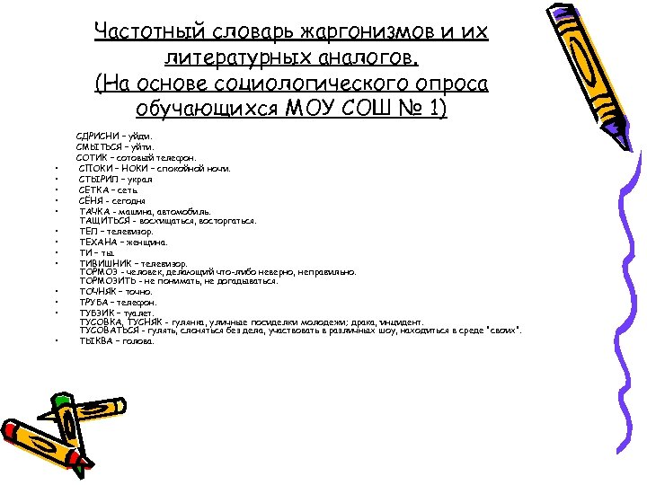 Частотный словарь жаргонизмов и их литературных аналогов. (На основе социологического опроса обучающихся МОУ СОШ