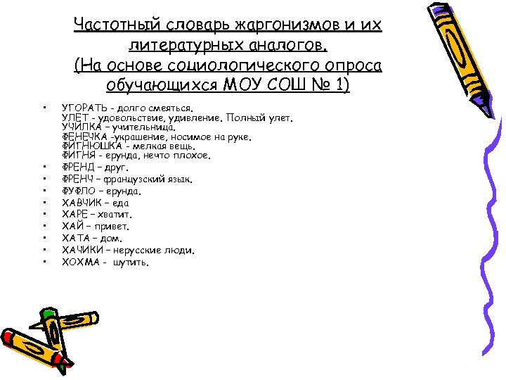 Частотный словарь жаргонизмов и их литературных аналогов. (На основе социологического опроса обучающихся МОУ СОШ