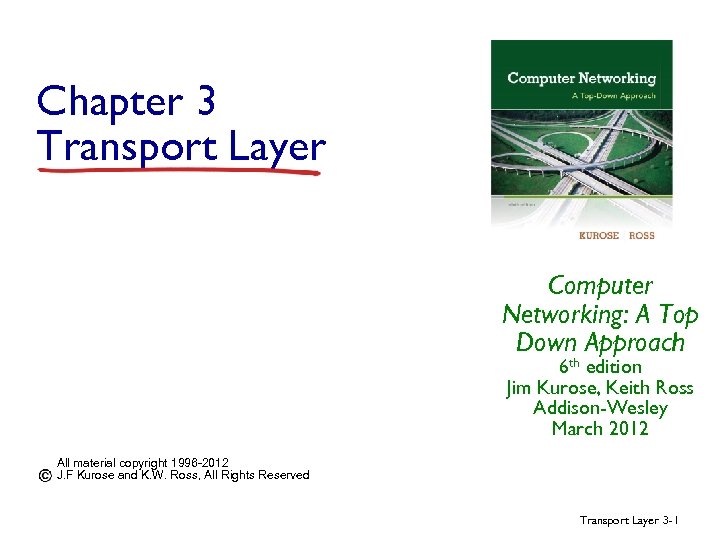 Chapter 3 Transport Layer Computer Networking: A Top Down Approach 6 th edition Jim