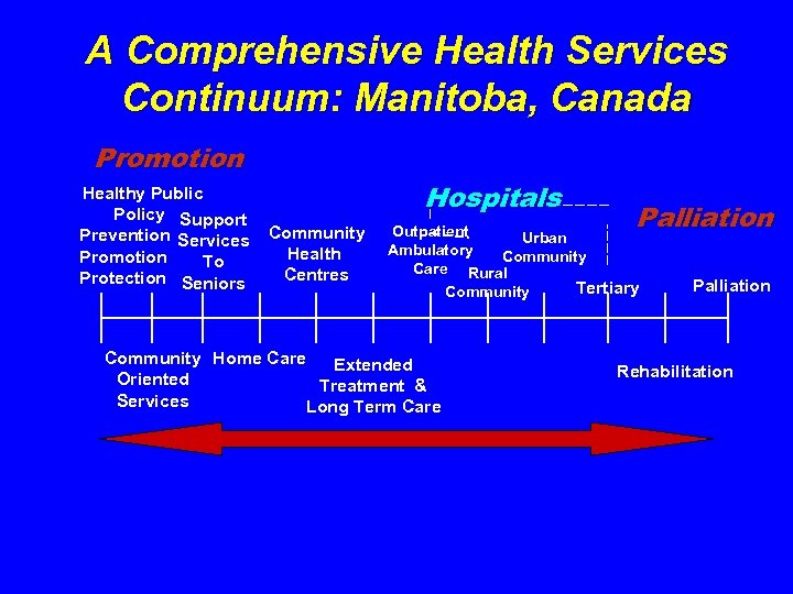 A Comprehensive Health Services Continuum: Manitoba, Canada Promotion Healthy Public Policy Support Prevention Services