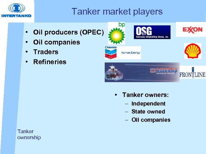 Tanker market players • • Oil producers (OPEC) Oil companies Traders Refineries • Tanker