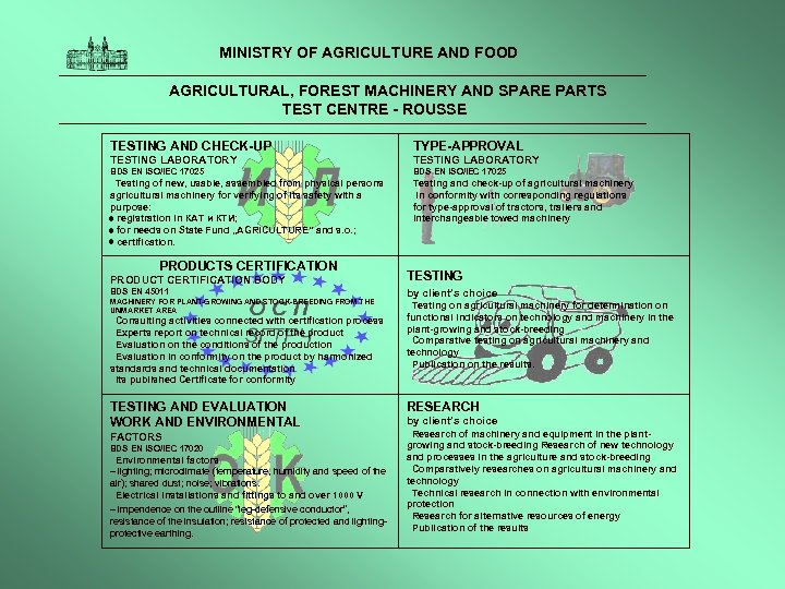  MINISTRY OF AGRICULTURE AND FOOD AGRICULTURAL, FOREST MACHINERY AND SPARE PARTS TEST CENTRE