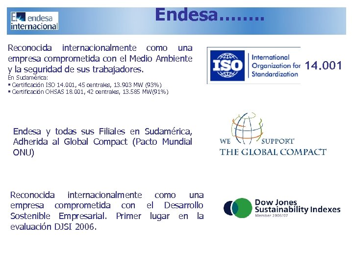 Endesa……. . Reconocida internacionalmente como una empresa comprometida con el Medio Ambiente y la