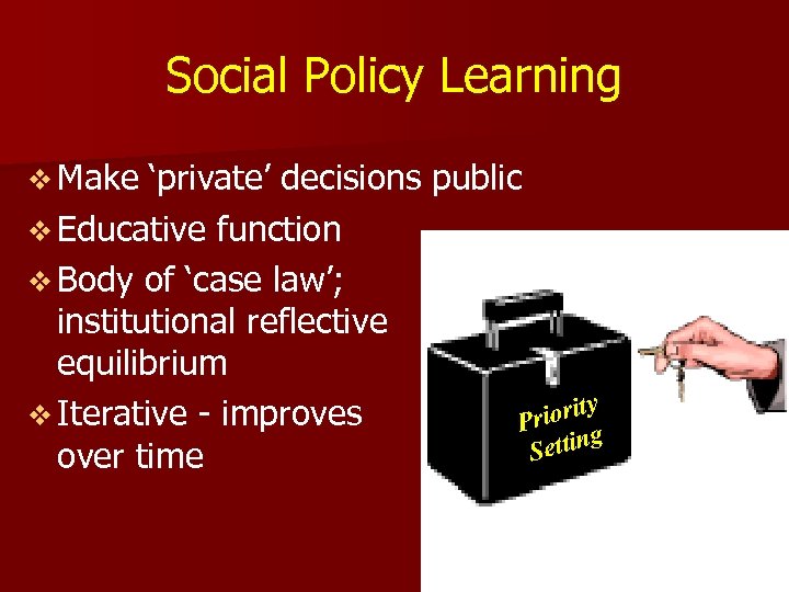 Social Policy Learning v Make ‘private’ decisions public v Educative function v Body of