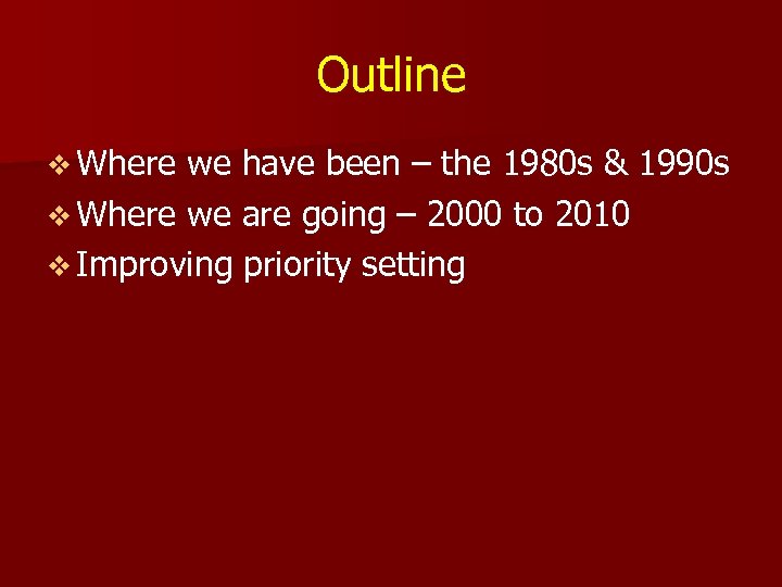 Outline v Where we have been – the 1980 s & 1990 s v