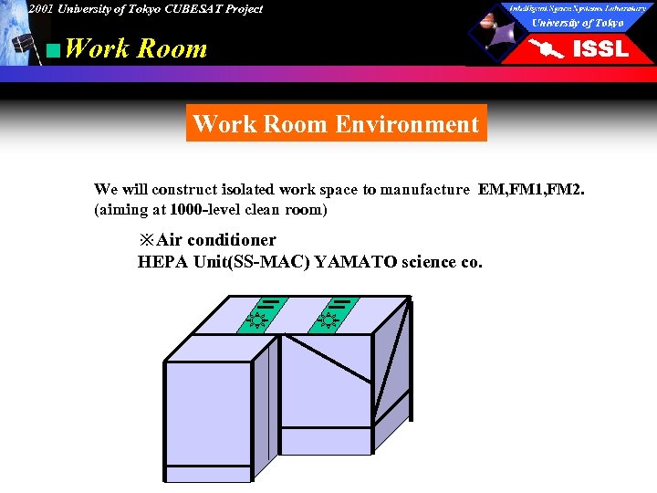 2001 University of Tokyo CUBESAT Project ■Work Room Environment We will construct isolated work