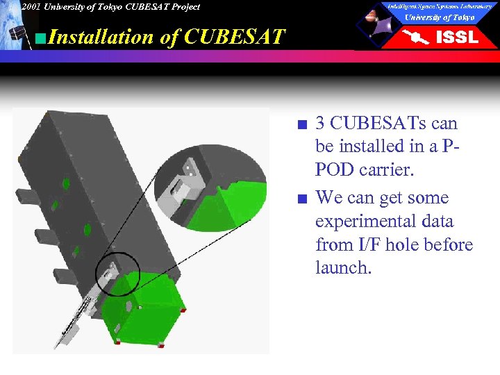 2001 University of Tokyo CUBESAT Project ■Installation of CUBESAT ■ 3 CUBESATs can be
