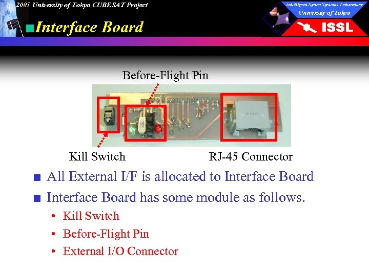 2001 University of Tokyo CUBESAT Project ■Interface Board Before-Flight Pin Kill Switch RJ-45 Connector