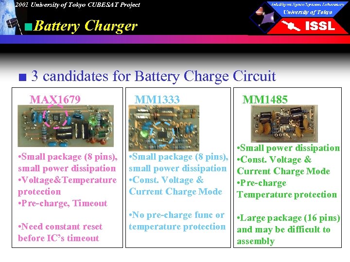 2001 University of Tokyo CUBESAT Project ■Battery Charger ■ 3 candidates for Battery Charge