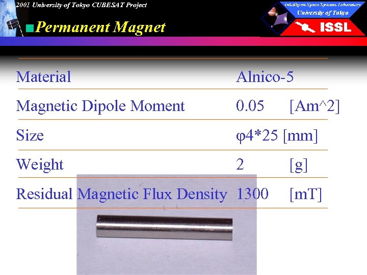 2001 University of Tokyo CUBESAT Project ■Permanent Magnet Material Alnico-5 Magnetic Dipole Moment 0.